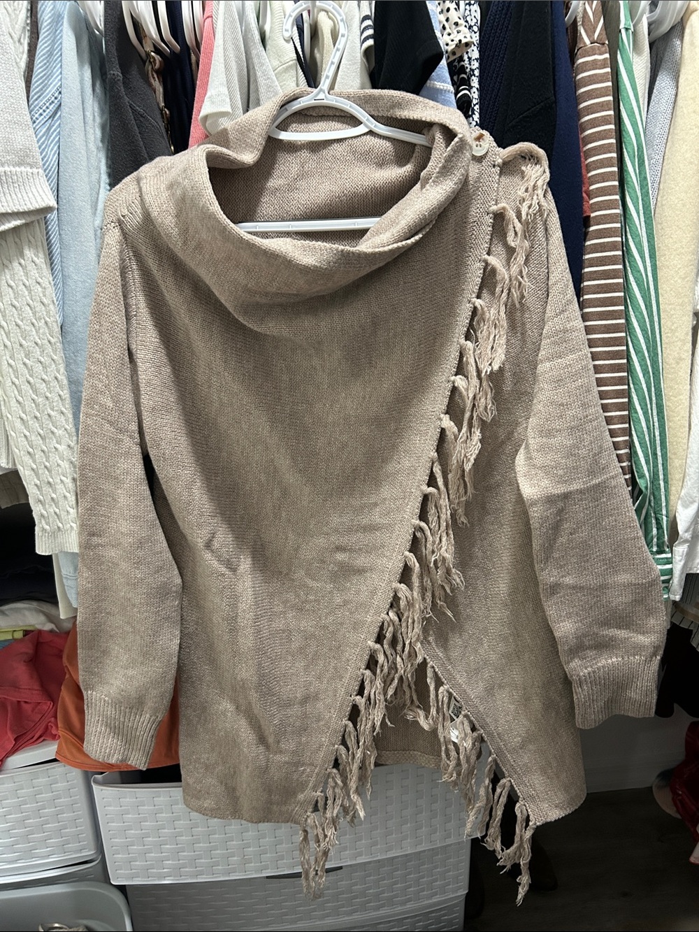 Fringe Detail Cowl Neck Sweater - Taupe